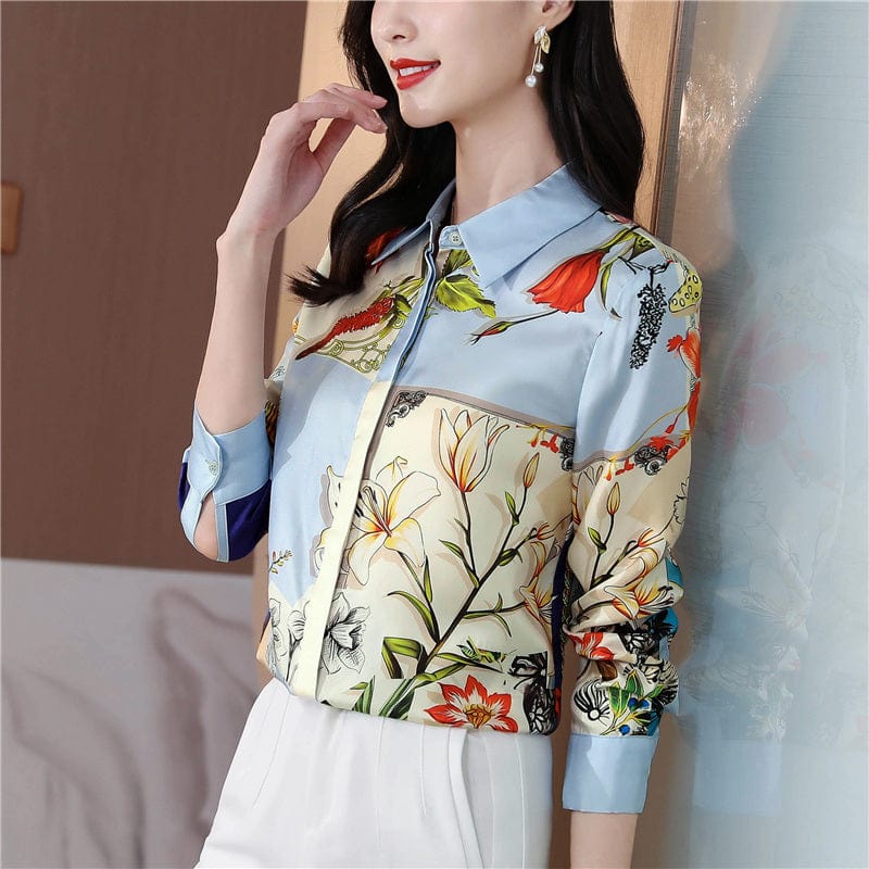 Autumn Elegant Eton Collar Single Breasted Patchwork Print Blouse Tops Women Slim Daily Work Flexible Shirts For Ladies
