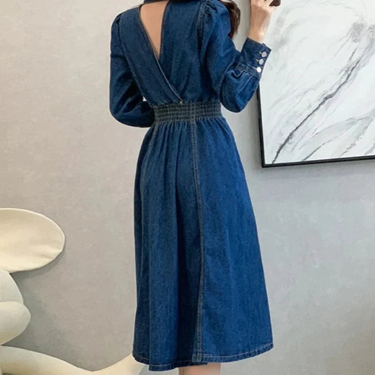 Autumn Elegant Temperament Retro Dark Blue High Denim Dress Popular Womens Fashion Clothes
