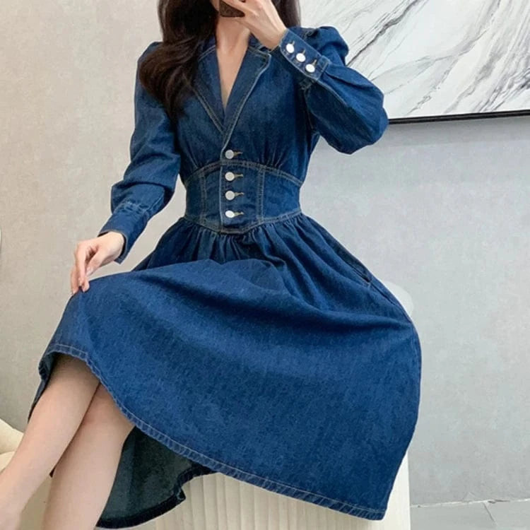 Autumn Elegant Temperament Retro Dark Blue High Denim Dress Popular Womens Fashion Clothes