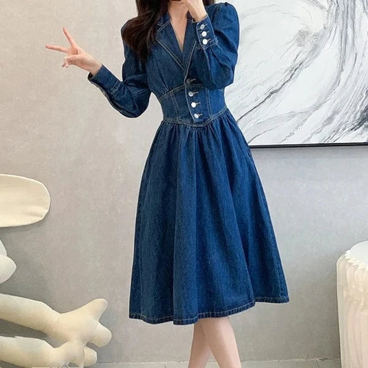 Autumn Elegant Temperament Retro Dark Blue High Denim Dress Popular Womens Fashion Clothes