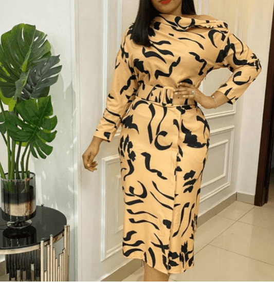 Autumn Elegant Vestidos Waist Belt Printing Career Office Dress Lady
