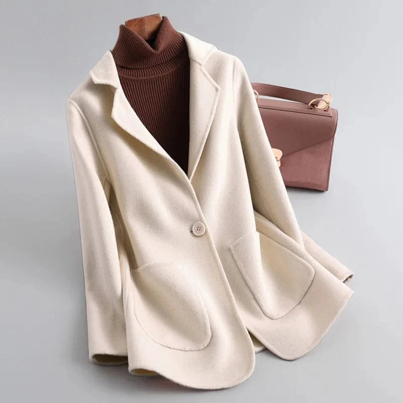 Autumn Fashion Cashmere Coat Single Button Turn Down Collar Office Ladies Wool Coats
