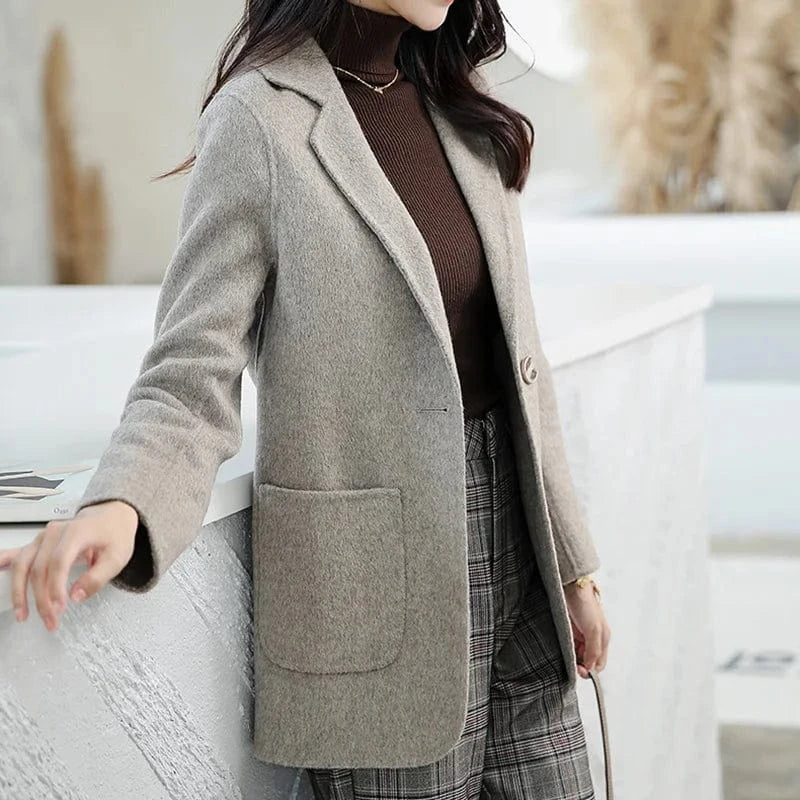 Autumn Fashion Cashmere Coat Single Button Turn Down Collar Office Ladies Wool Coats