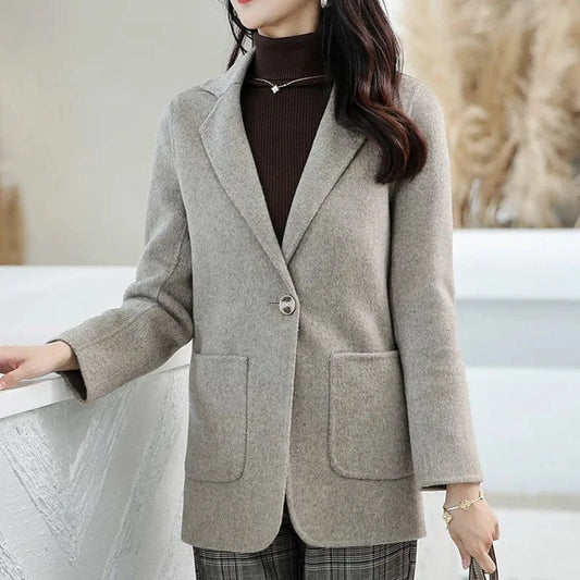 Autumn Fashion Cashmere Coat Single Button Turn Down Collar Office Ladies Wool Coats