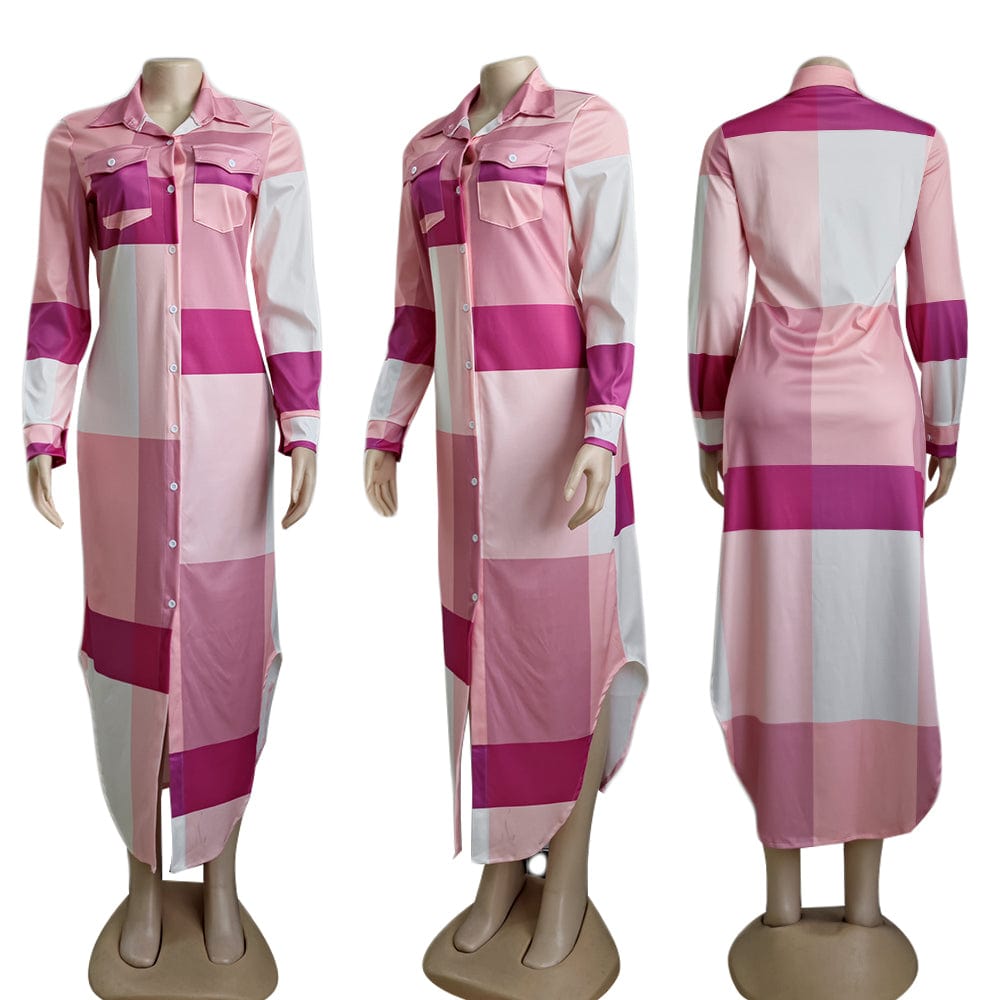 Autumn Fashion Slim Waist Ladies Button Long Plaid Shirt Dress