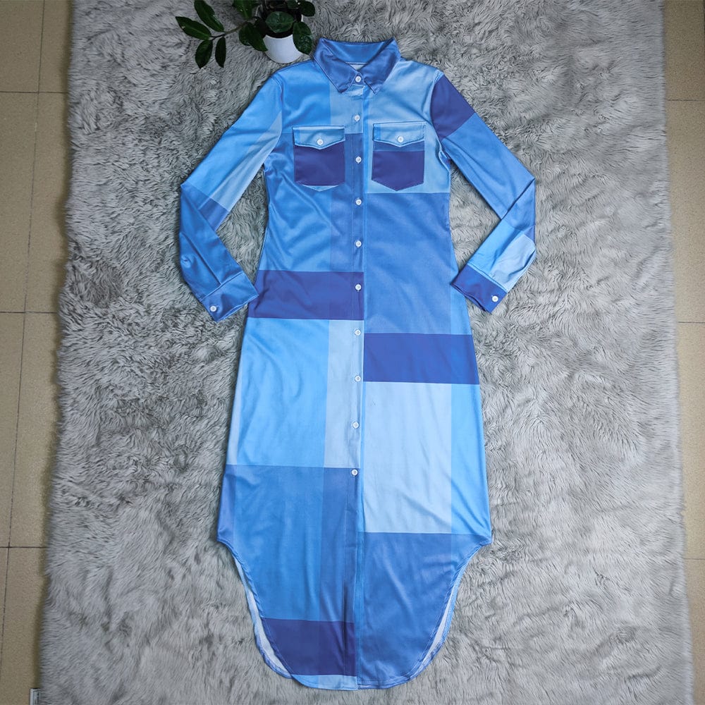 Autumn Fashion Slim Waist Ladies Button Long Plaid Shirt Dress