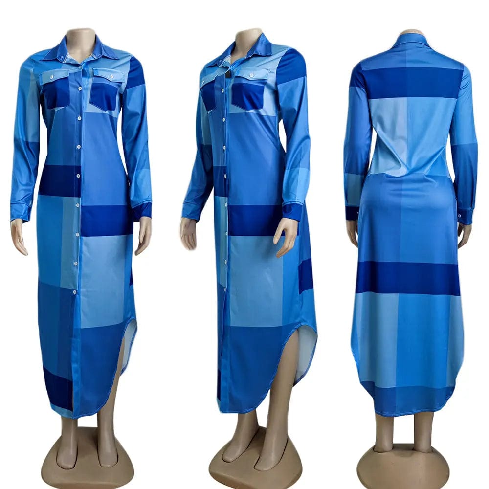 Autumn Fashion Slim Waist Ladies Button Long Plaid Shirt Dress