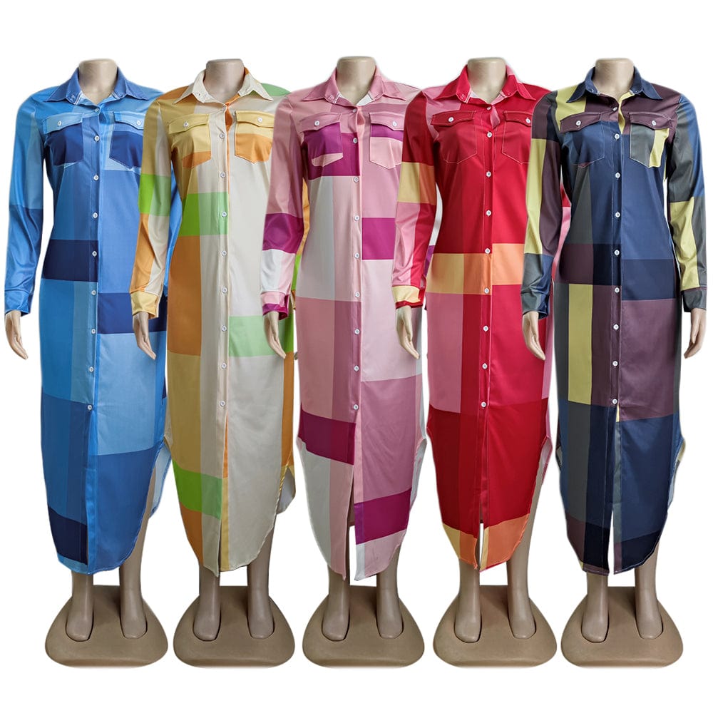 Autumn Fashion Slim Waist Ladies Button Long Plaid Shirt Dress