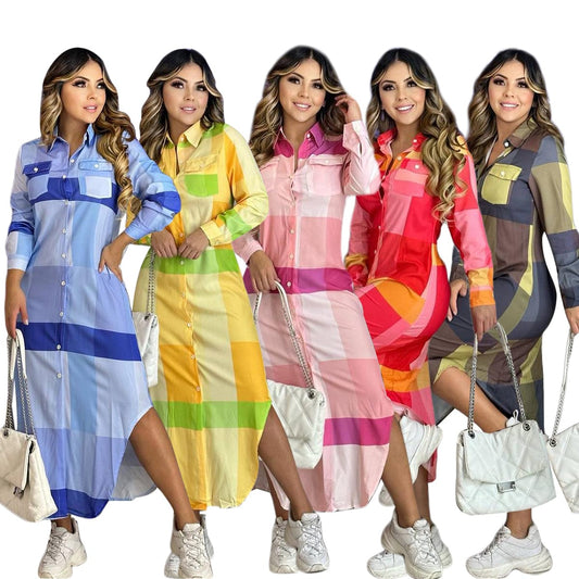 Autumn Fashion Slim Waist Ladies Button Long Plaid Shirt Dress