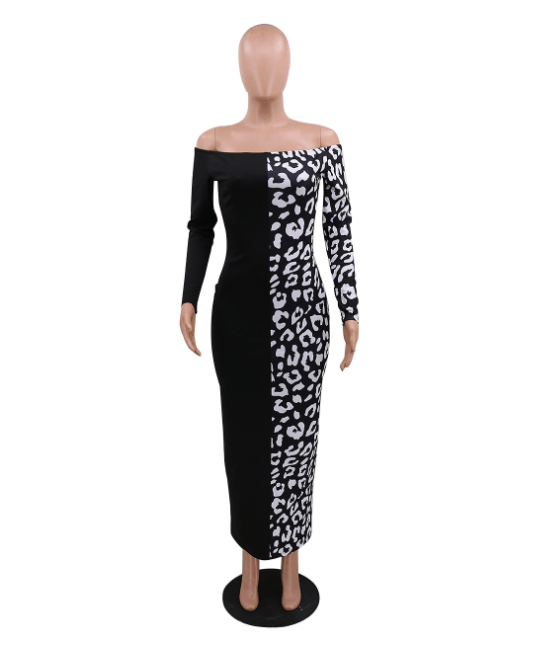 Autumn Fashionable Off Shoulder Printed Patchwork Casual Dress Lady
