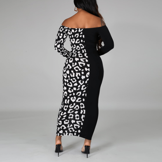 Autumn Fashionable Off Shoulder Printed Patchwork Casual Dress Lady