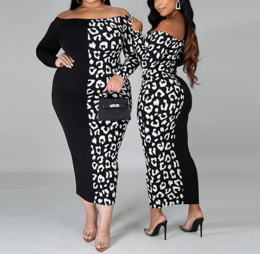 Autumn Fashionable Off Shoulder Printed Patchwork Casual Dress Lady