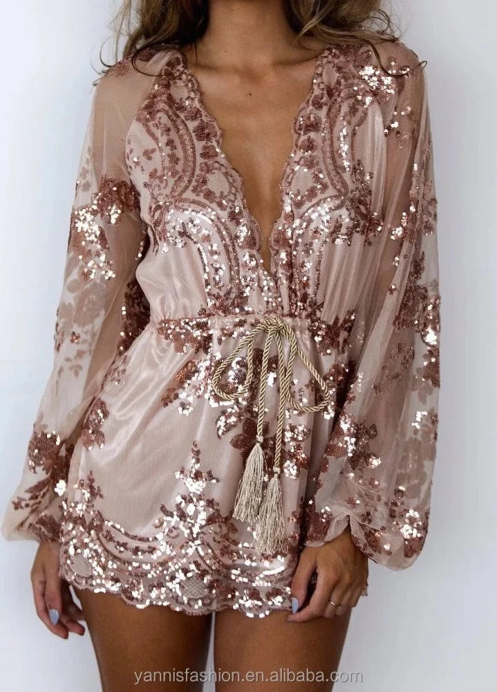 Autumn Gold sequin embroidery elegant jumpsuit romper Transparent mesh sleeve playsuit women Deep v neck overalls