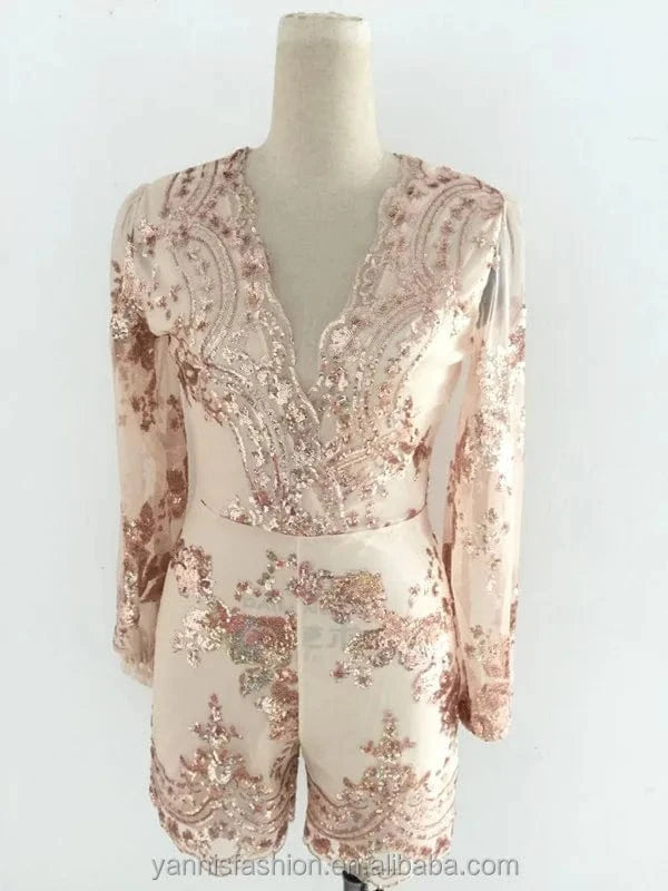 Autumn Gold sequin embroidery elegant jumpsuit romper Transparent mesh sleeve playsuit women Deep v neck overalls
