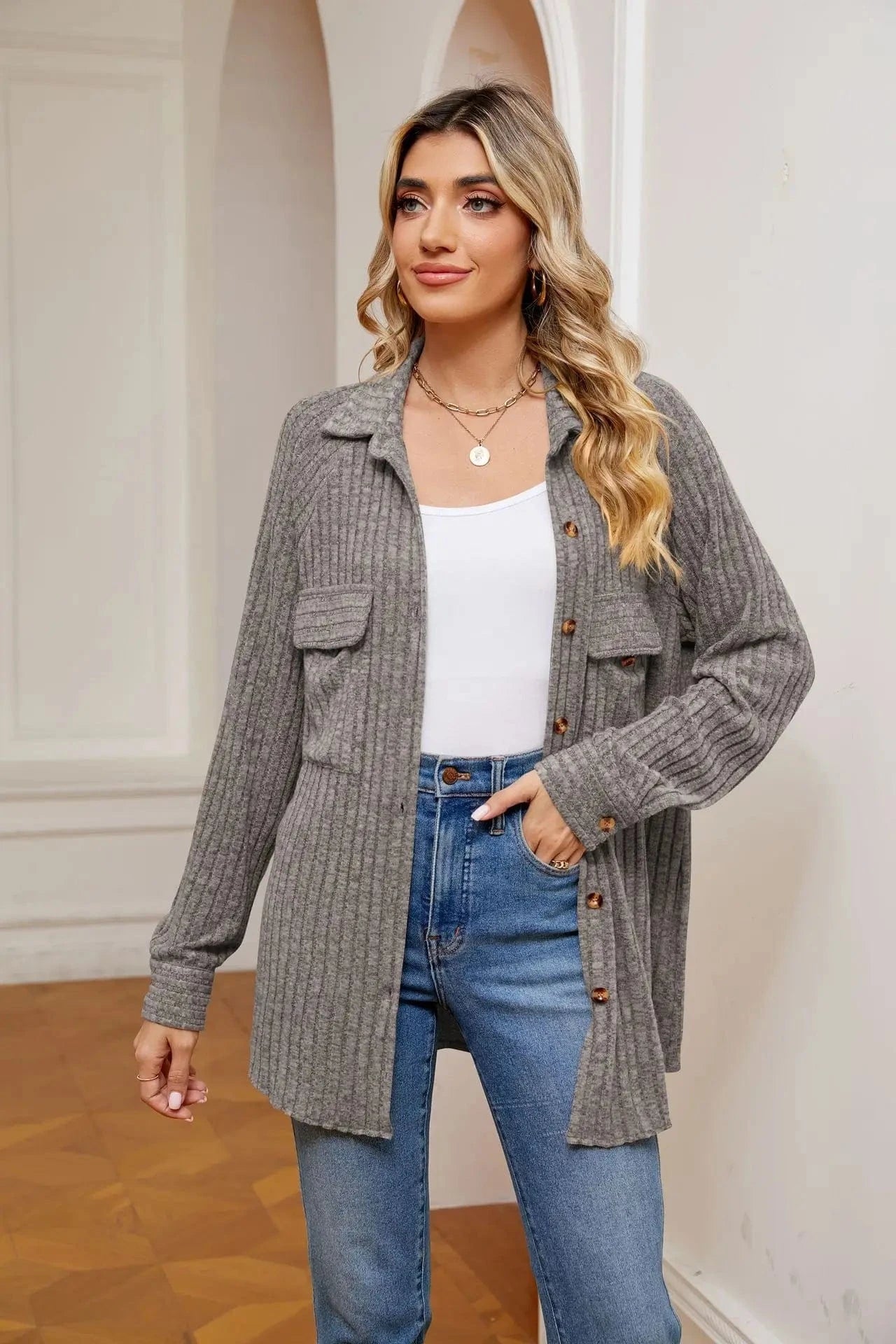Autumn Long Sleeve Leisure Knitted Coat Turn-Down Collar Loose Button Pit Strip Open-front Cardigan Thin Jacket For Women