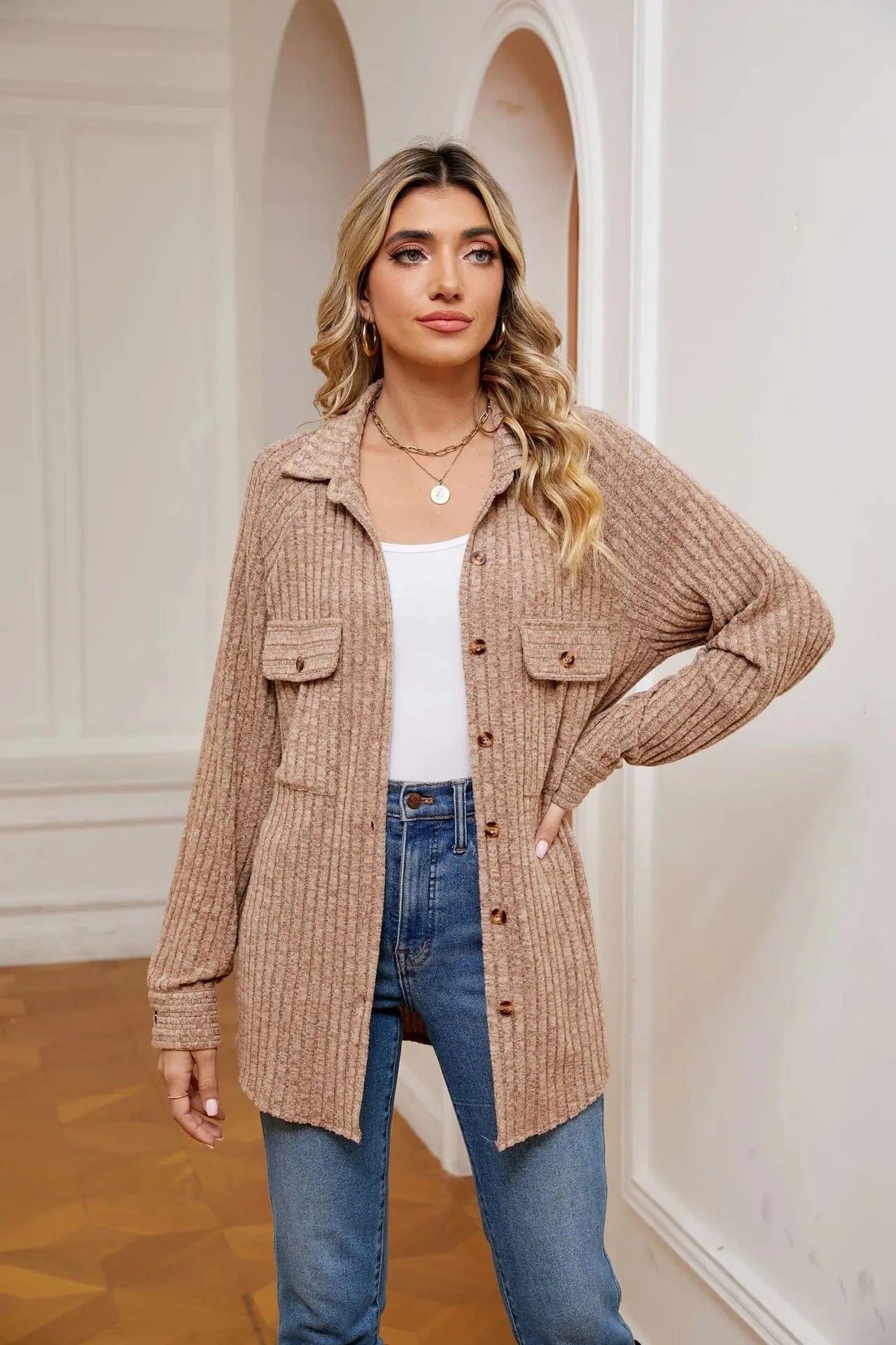 Autumn Long Sleeve Leisure Knitted Coat Turn-Down Collar Loose Button Pit Strip Open-front Cardigan Thin Jacket For Women