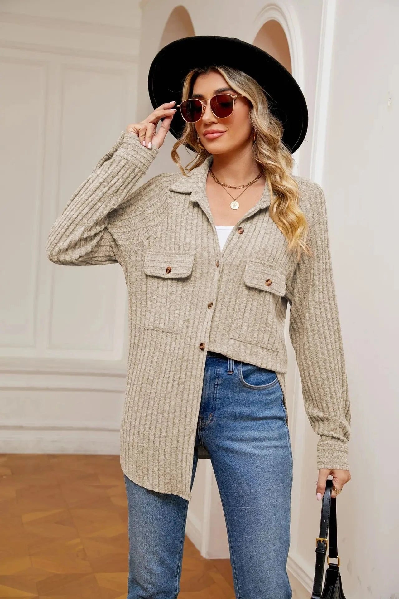 Autumn Long Sleeve Leisure Knitted Coat Turn-Down Collar Loose Button Pit Strip Open-front Cardigan Thin Jacket For Women