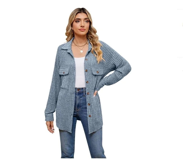 Autumn Long Sleeve Leisure Knitted Coat Turn-Down Collar Loose Button Pit Strip Open-front Cardigan Thin Jacket For Women