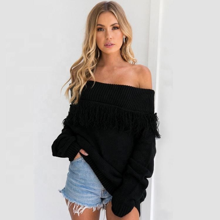 Autumn New Design Off Shoulder Sexy Ladies Casual Tassel Sweater
