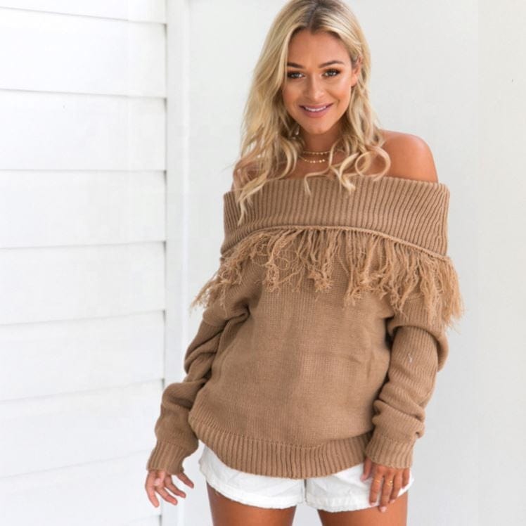 Autumn New Design Off Shoulder Sexy Ladies Casual Tassel Sweater