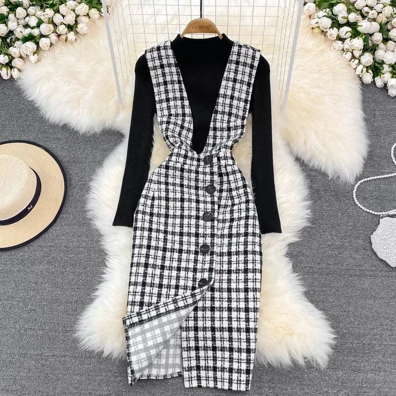Autumn New Style Tempered Waist Slim Back Strap Dress Sweater Two Piece Women's Set