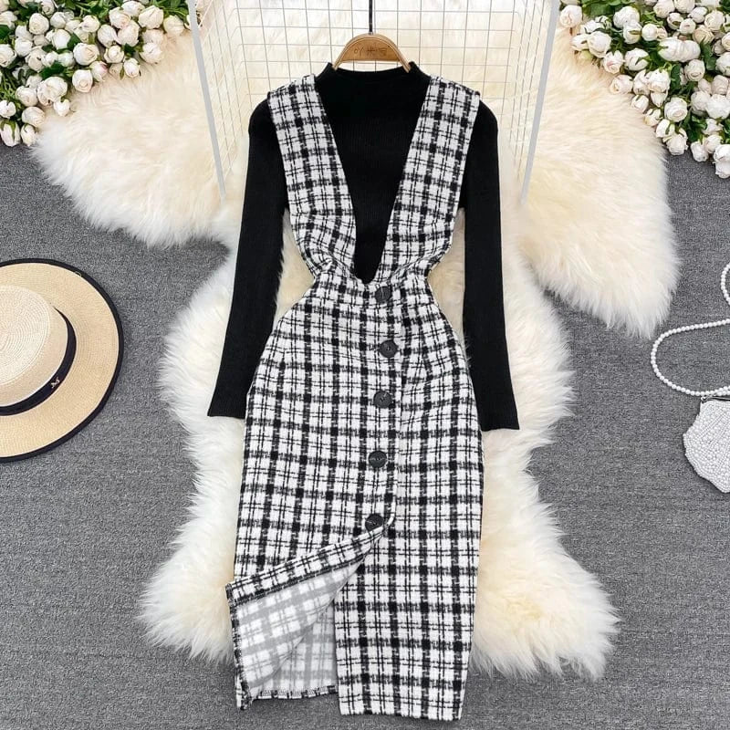 Autumn New Style Tempered Waist Slim Back Strap Dress Sweater Two Piece Women's Set