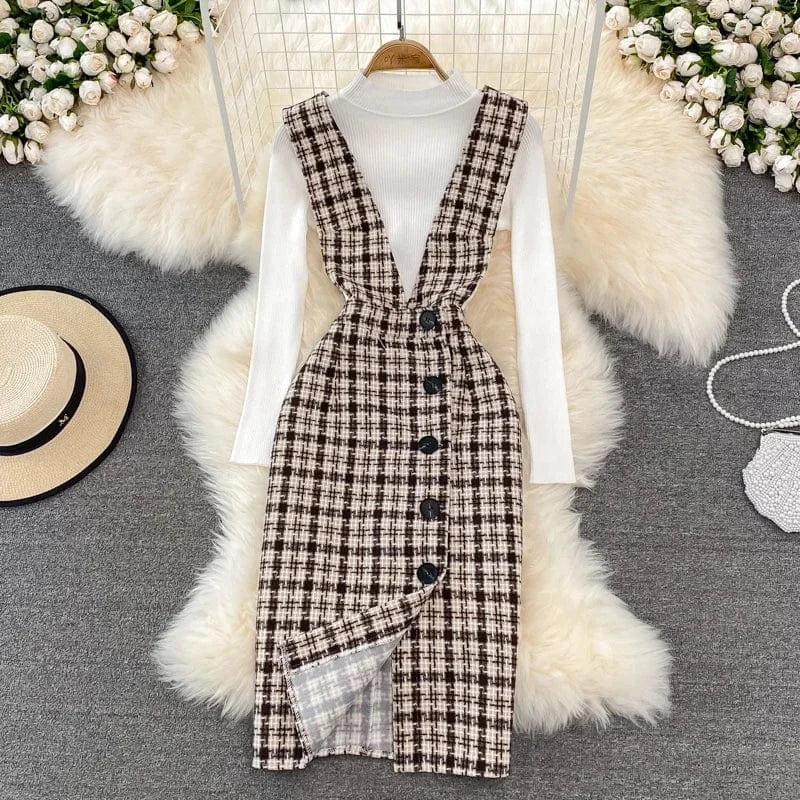 Autumn New Style Tempered Waist Slim Back Strap Dress Sweater Two Piece Women's Set