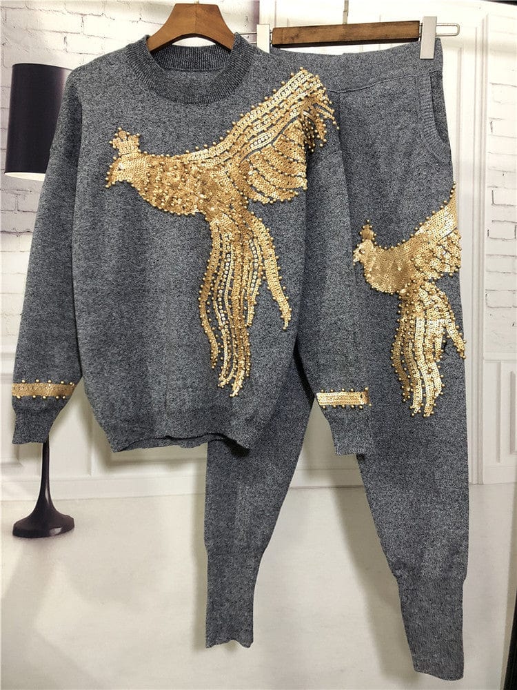 Autumn  New Women's European Station Sequin Bead Phoenix Long Sleeve Loose Knitted Shirt Pants Suit two piece set