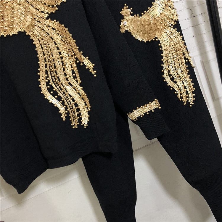 Autumn  New Women's European Station Sequin Bead Phoenix Long Sleeve Loose Knitted Shirt Pants Suit two piece set