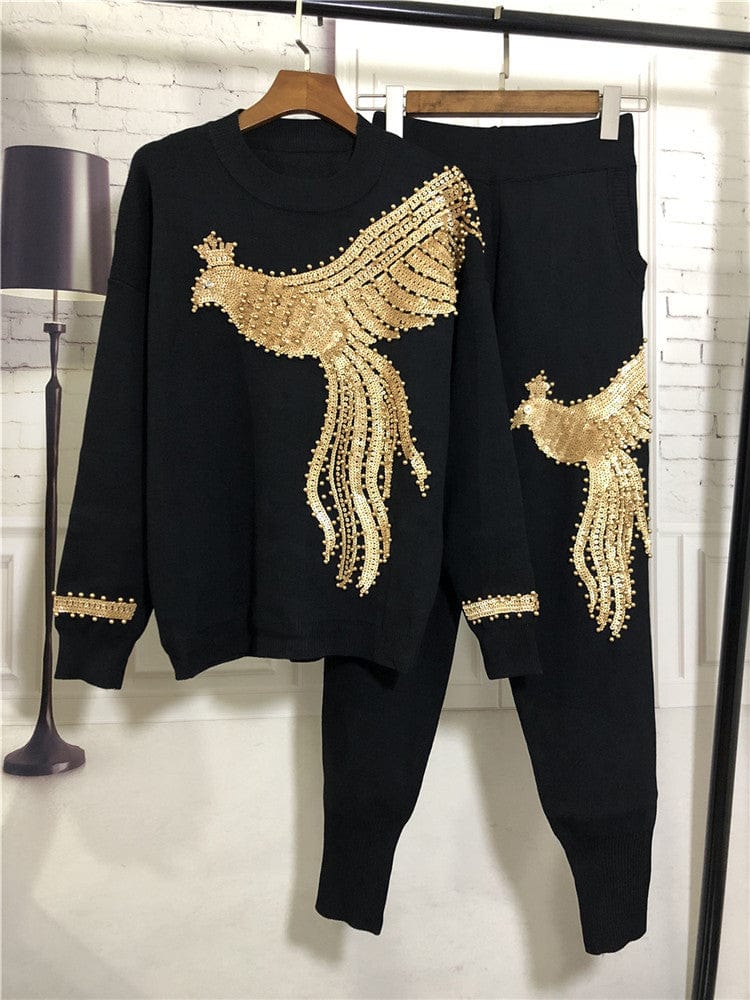 Autumn  New Women's European Station Sequin Bead Phoenix Long Sleeve Loose Knitted Shirt Pants Suit two piece set
