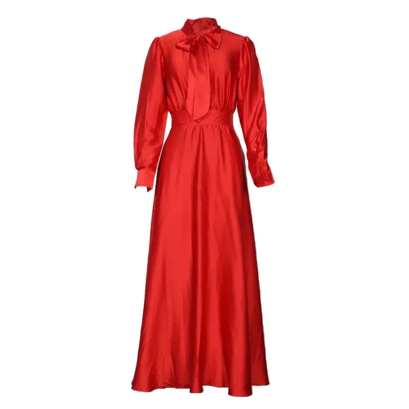 Autumn New Women's Long Sleeved Solid Color Dress Temperament Elegant Bowknot Ladies Maxi Long Dress