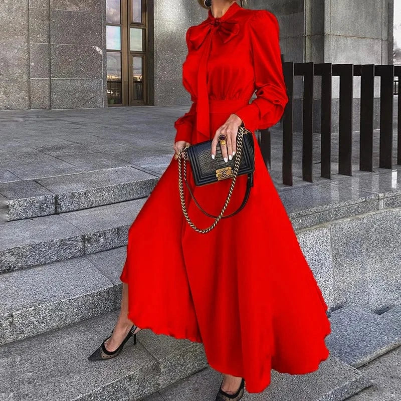 Autumn New Women's Long Sleeved Solid Color Dress Temperament Elegant Bowknot Ladies Maxi Long Dress