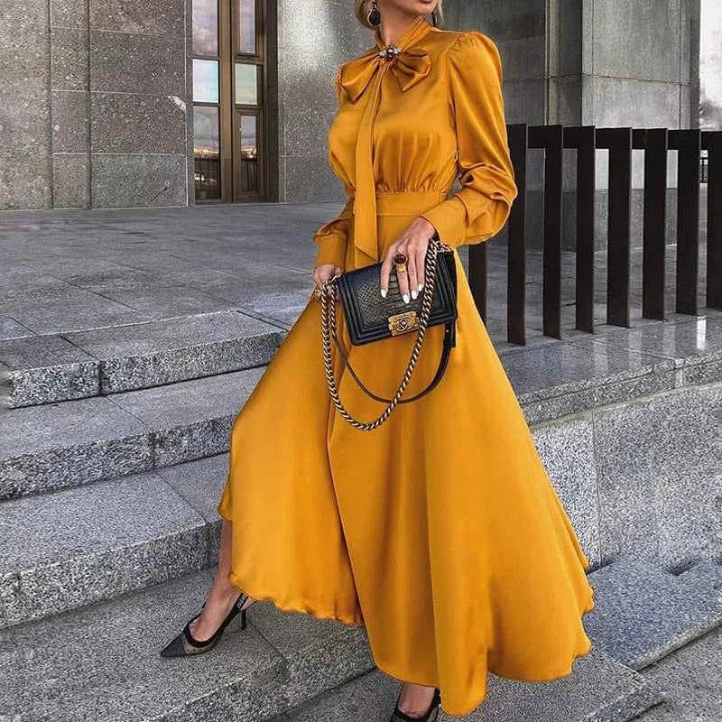 Autumn New Women's Long Sleeved Solid Color Dress Temperament Elegant Bowknot Ladies Maxi Long Dress