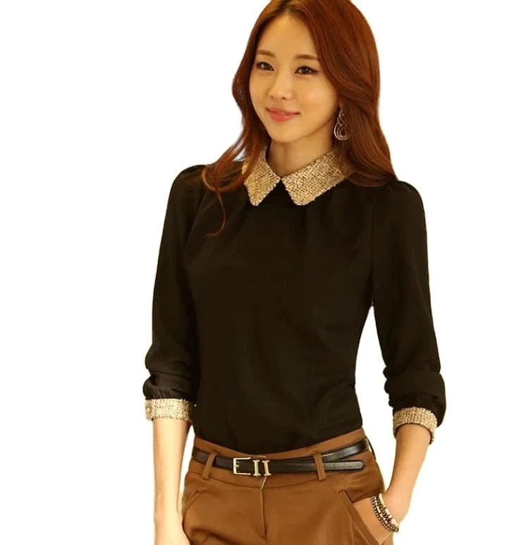 Autumn new women's wear OL slim-fit bright silk doll collar slimming anti-penetration bottoming long sleeve blouse