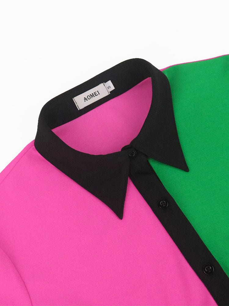 Autumn Patchwork AOMEI Long Sleeves Elegant Facoty Women Classy Blouse