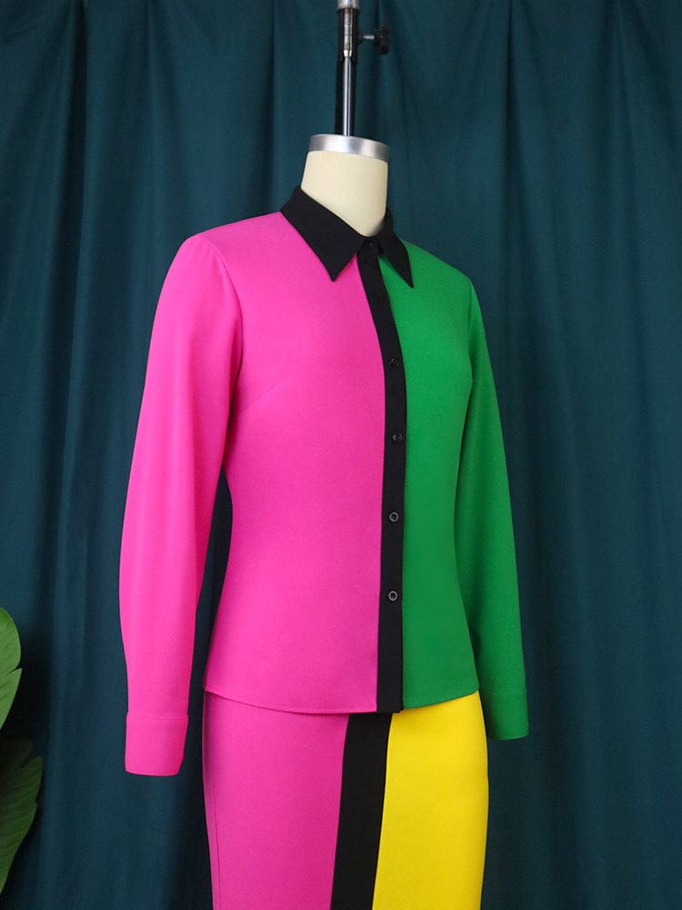 Autumn Patchwork AOMEI Long Sleeves Elegant Facoty Women Classy Blouse