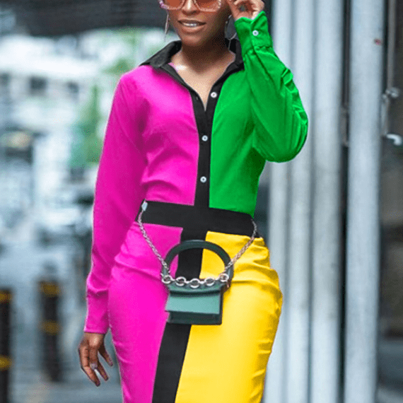 Autumn Patchwork AOMEI Long Sleeves Elegant Facoty Women Classy Blouse