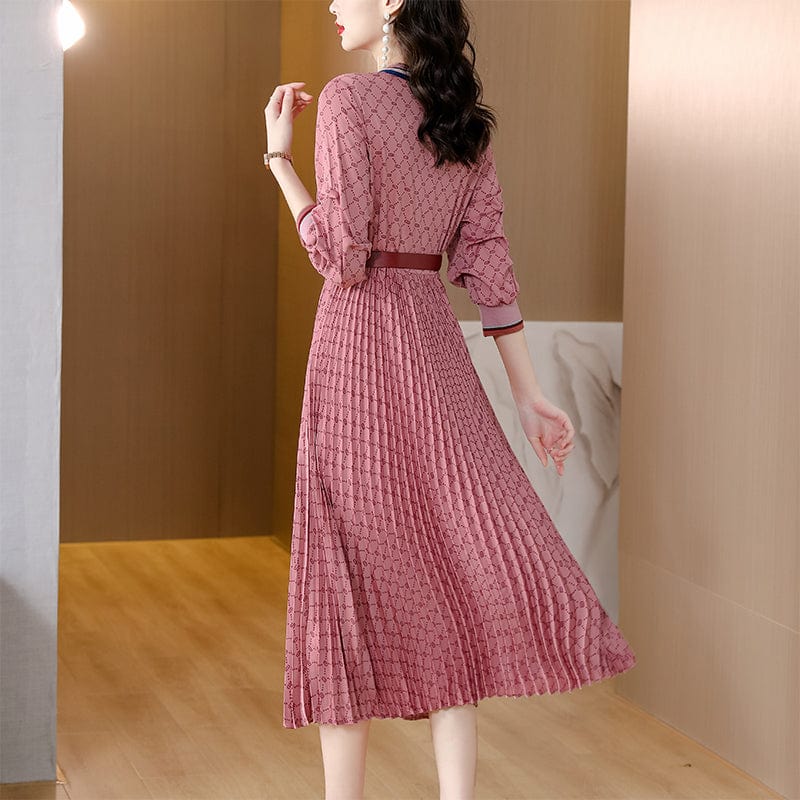 Autumn plaid French tea break dress women's new casual temperament V-neck pleated long skirt YM9065072