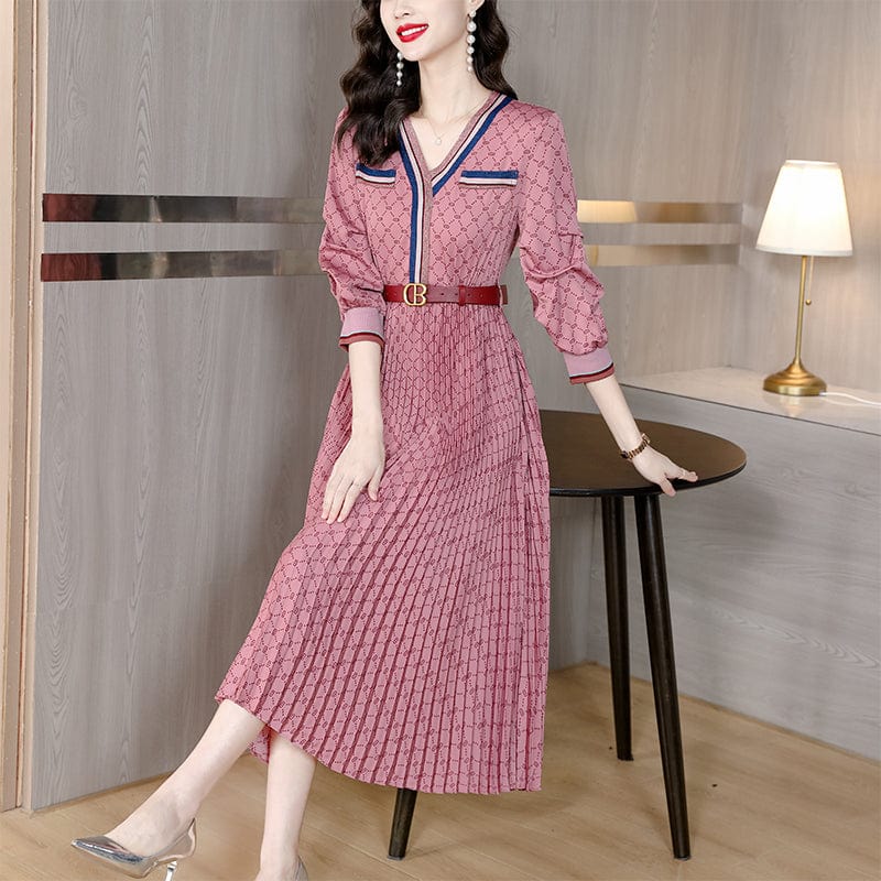 Autumn plaid French tea break dress women's new casual temperament V-neck pleated long skirt YM9065072