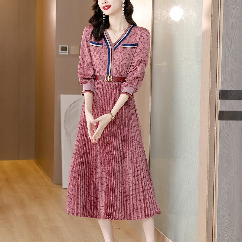 Autumn plaid French tea break dress women's new casual temperament V-neck pleated long skirt YM9065072