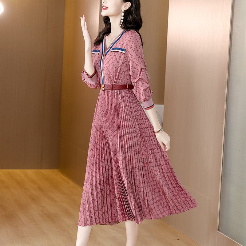 Autumn plaid French tea break dress women's new casual temperament V-neck pleated long skirt YM9065072