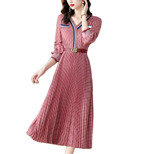 Autumn plaid French tea break dress women's new casual temperament V-neck pleated long skirt YM9065072