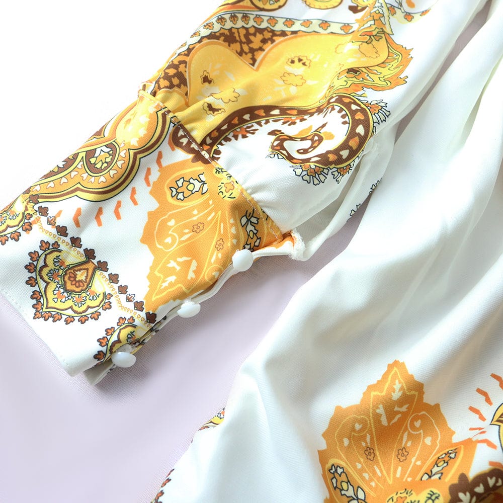 Autumn Printed Long Sleeves Gold White Elegant Lady Casual Dresses