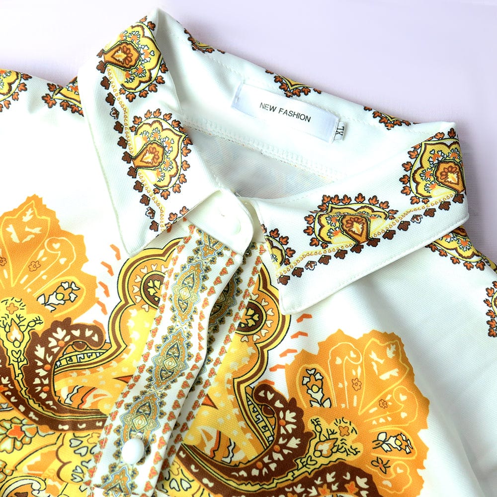 Autumn Printed Long Sleeves Gold White Elegant Lady Casual Dresses
