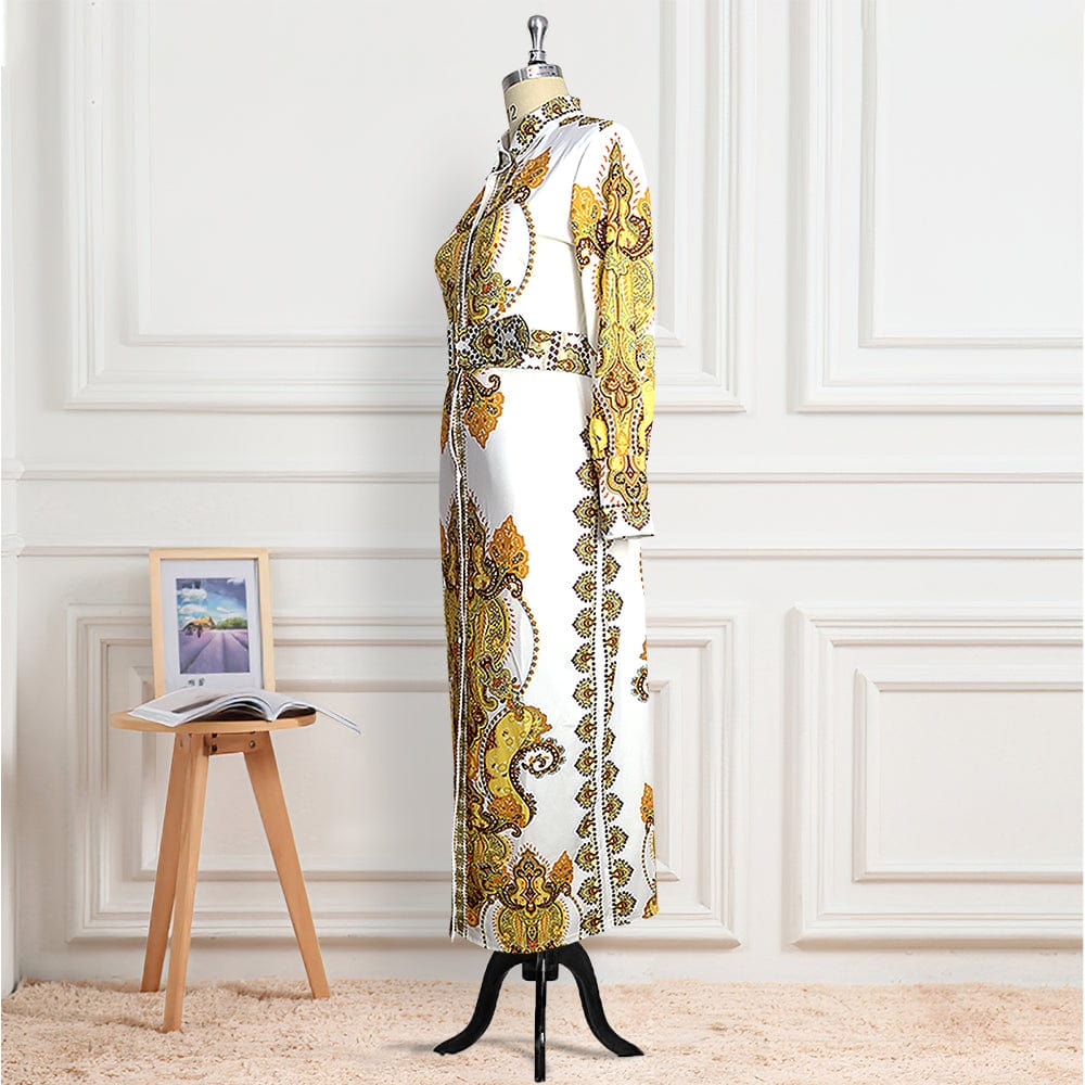 Autumn Printed Long Sleeves Gold White Elegant Lady Casual Dresses