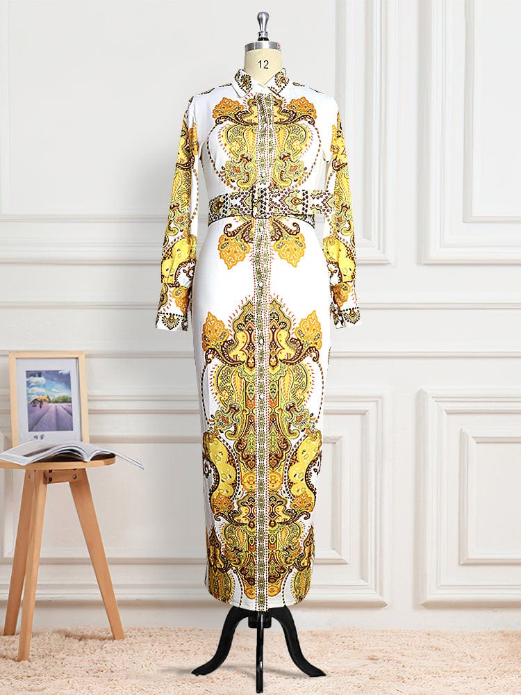 Autumn Printed Long Sleeves Gold White Elegant Lady Casual Dresses