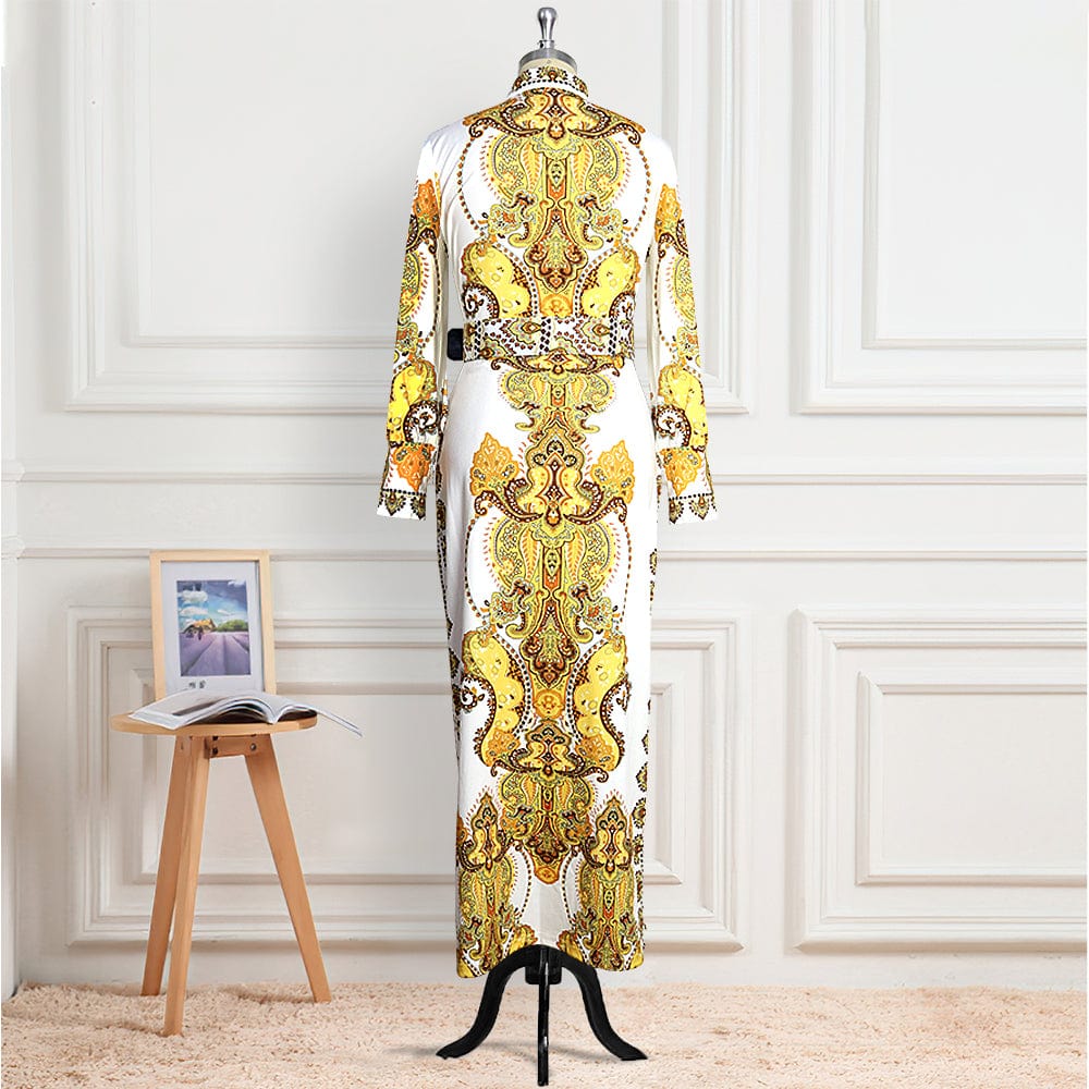 Autumn Printed Long Sleeves Gold White Elegant Lady Casual Dresses