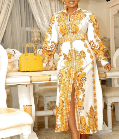 Autumn Printed Long Sleeves Gold White Elegant Lady Casual Dresses