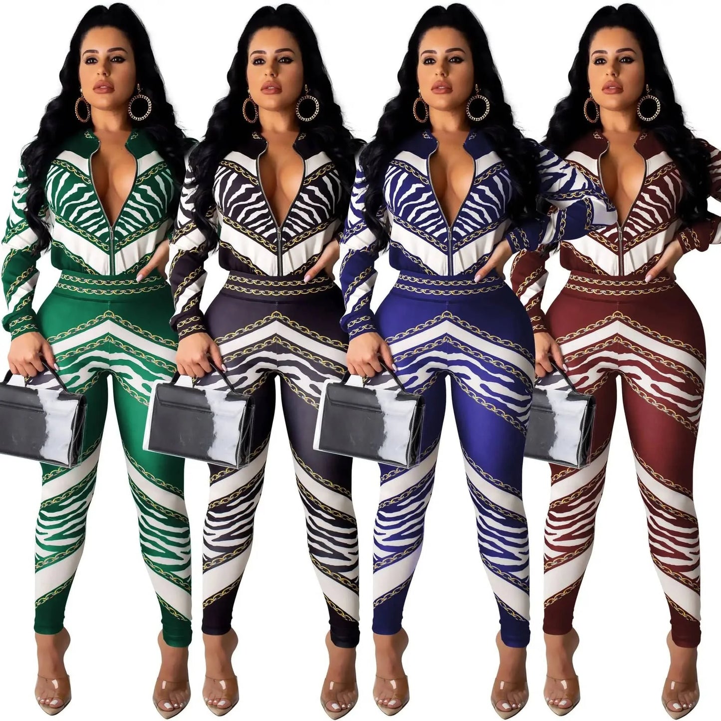 Autumn Printing Sports Suits Two Piece Pants Set Women Long Sleeve Zipper Two Piece Pants Sets