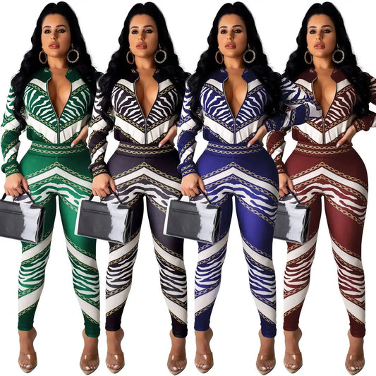 Autumn Printing Sports Suits Two Piece Pants Set Women Long Sleeve Zipper Two Piece Pants Sets